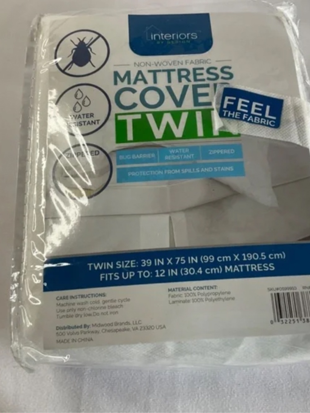 INTERIORS BY DESIGN TWIN SIZE ZIPPERED WATER RESISTANT MATTRESS COVER NWT - Picture 3 of 4